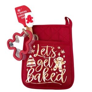 Christmas Let’s Get Baked Pot Holder, Cookie Cutter and Spatula Set. NWOT